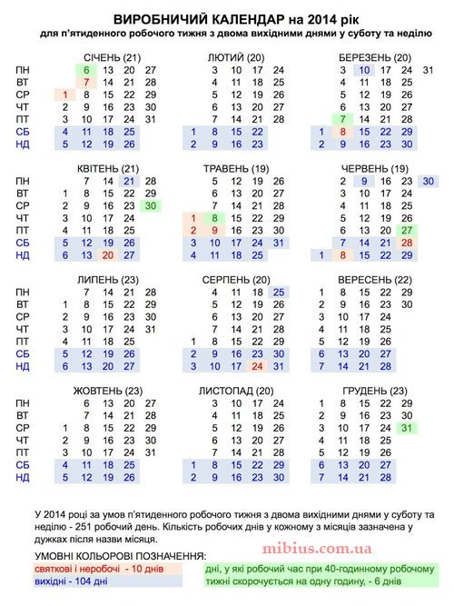 Трудовой рабочий Календарь 2014 Украина. Скачать и распечатать календарь бесплатно